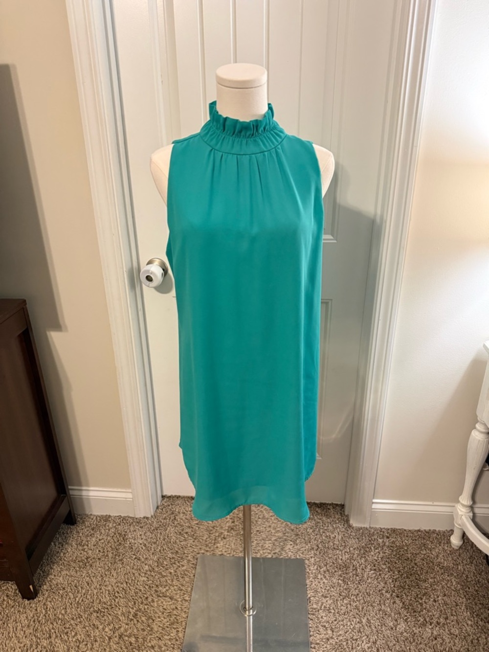 The Impeccable Pig Teal Ruffle-Neck Sleeveless Dress